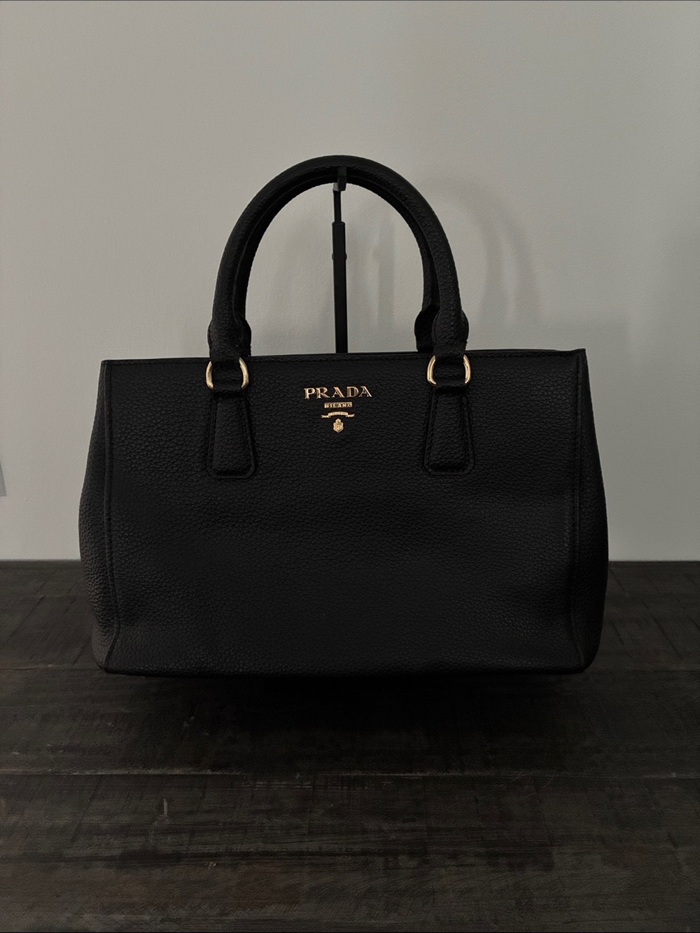 Prada Black Pebbled Leather Satchel with Gold Hardware
